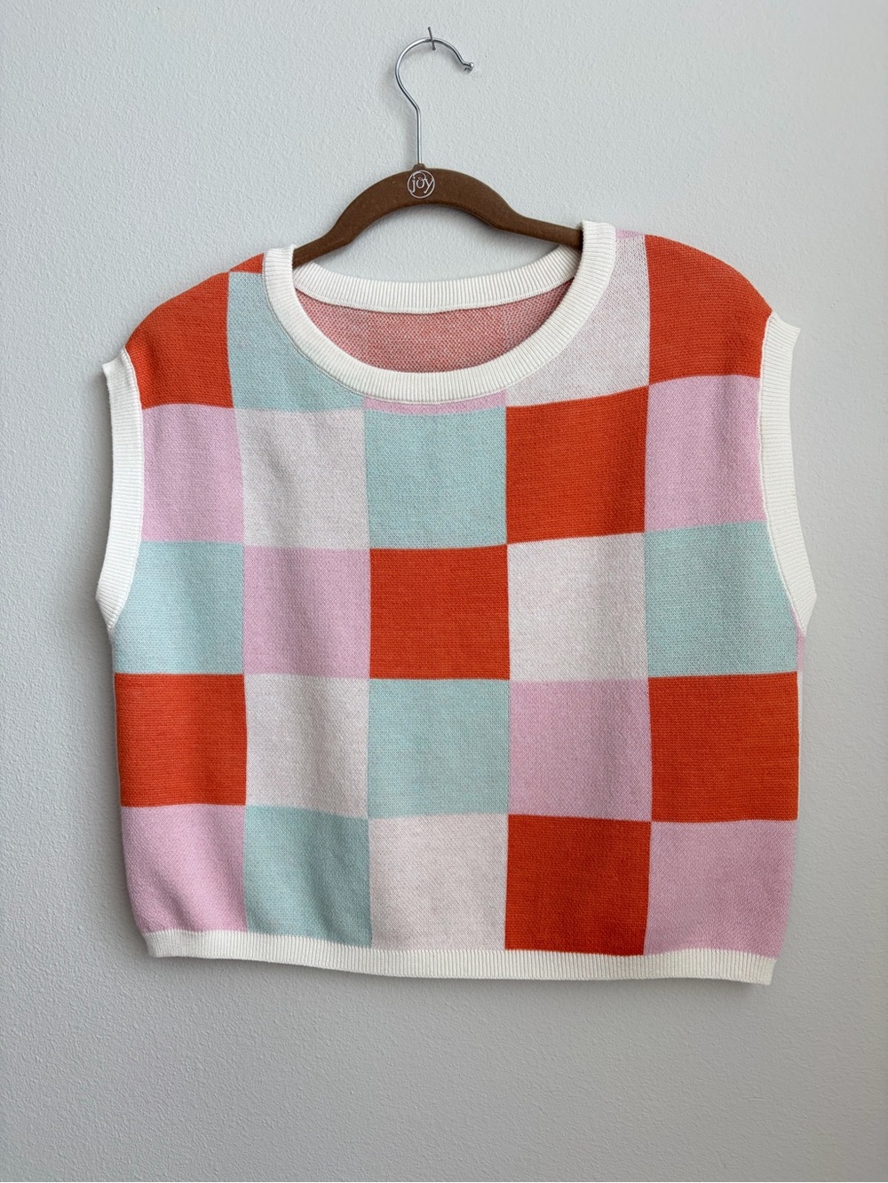 Multi Color Checkered Knit Sweater Vest Pink Orange Blue Size Small